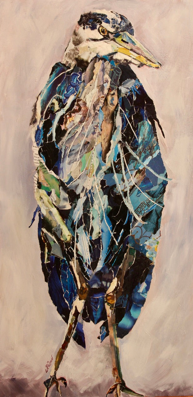 Mixed media, acrylic and collage art of a blue heron