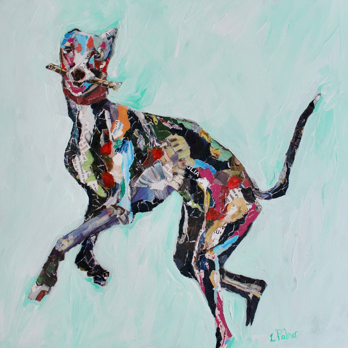 Collage of a whippet dog jumping with a stick